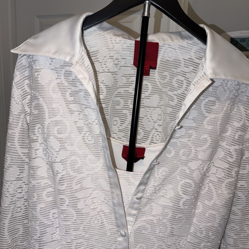 JS Collections Vintage 90s Sheer White Lace Blouse Button Down Satin Cuffs Y2K - Picture 3 of 6